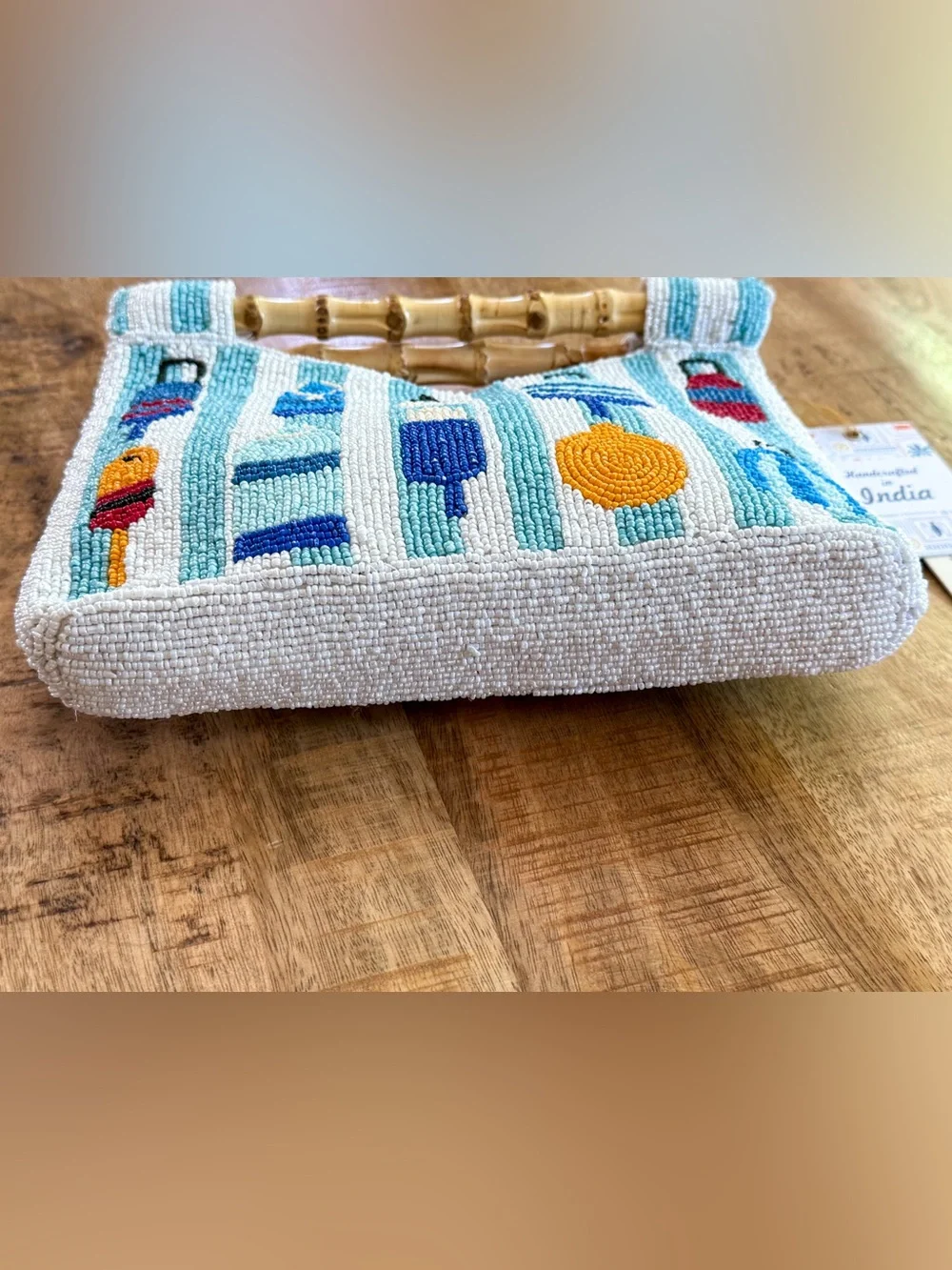 Handmade Beaded Bamboo Handle Clutch Nautical Buoy Coastal Beach Purse NWT blue